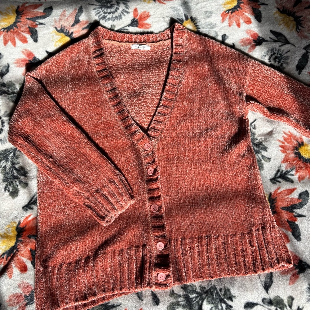 Super Cozy Warm Rust Soft Velvet/Chenille Cardigan!